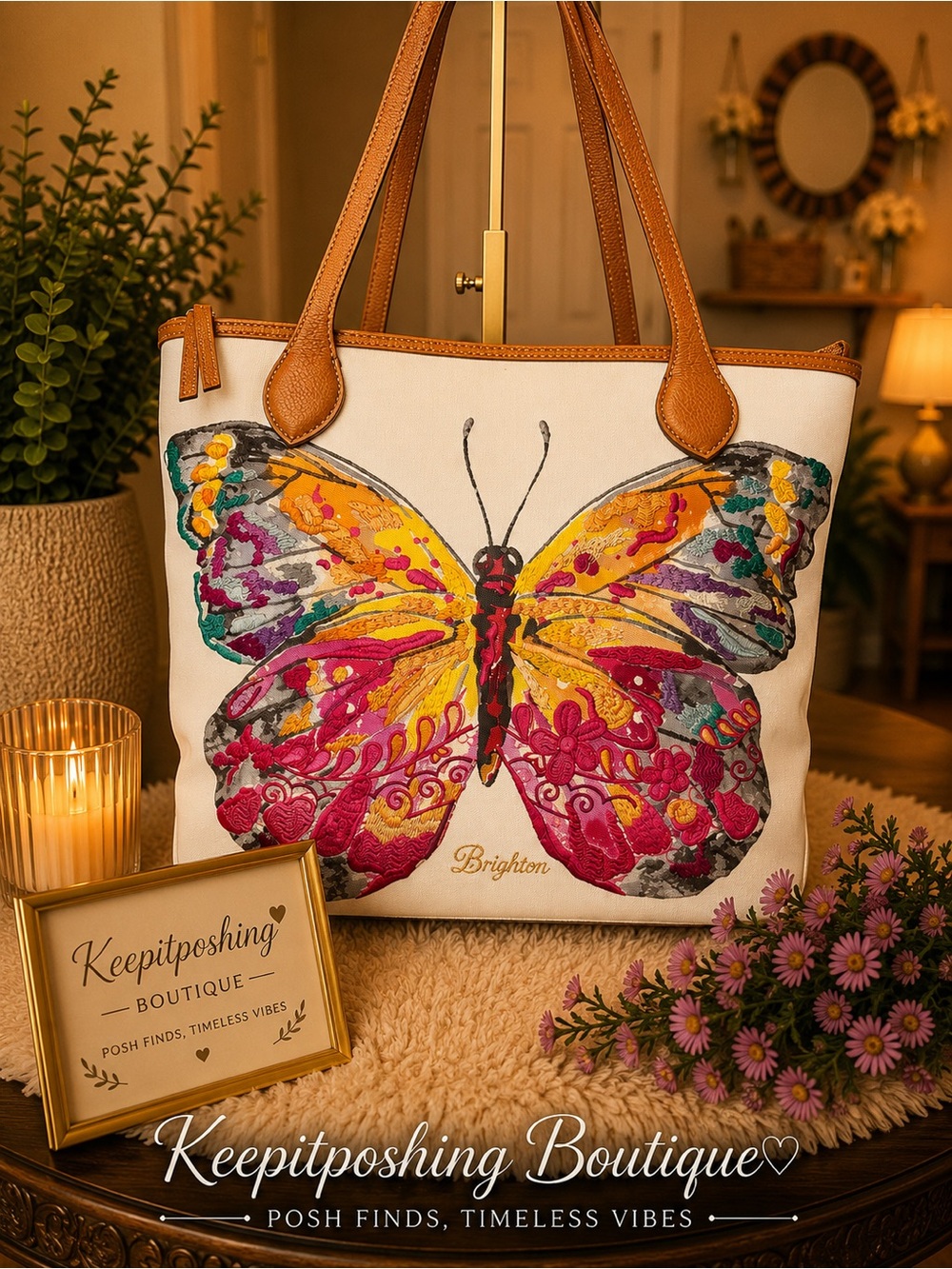 Brighton Cream Tote with Multicolor Butterfly Embroidery and Tan Trim